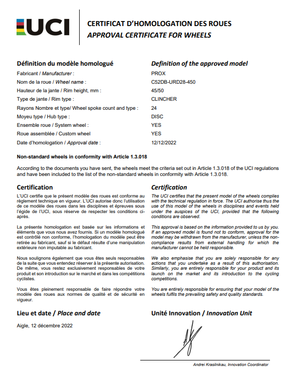 UCI-Zulassungszertifikat für ProX Carbon-Laufrad