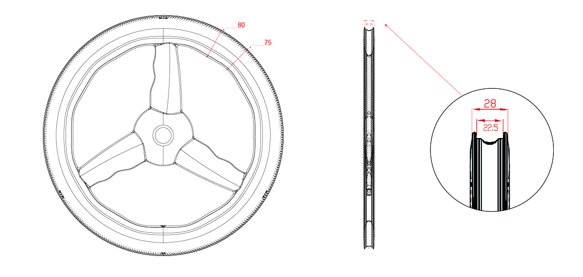 tri-spoke wheels 75-80mm wavy depth drawing