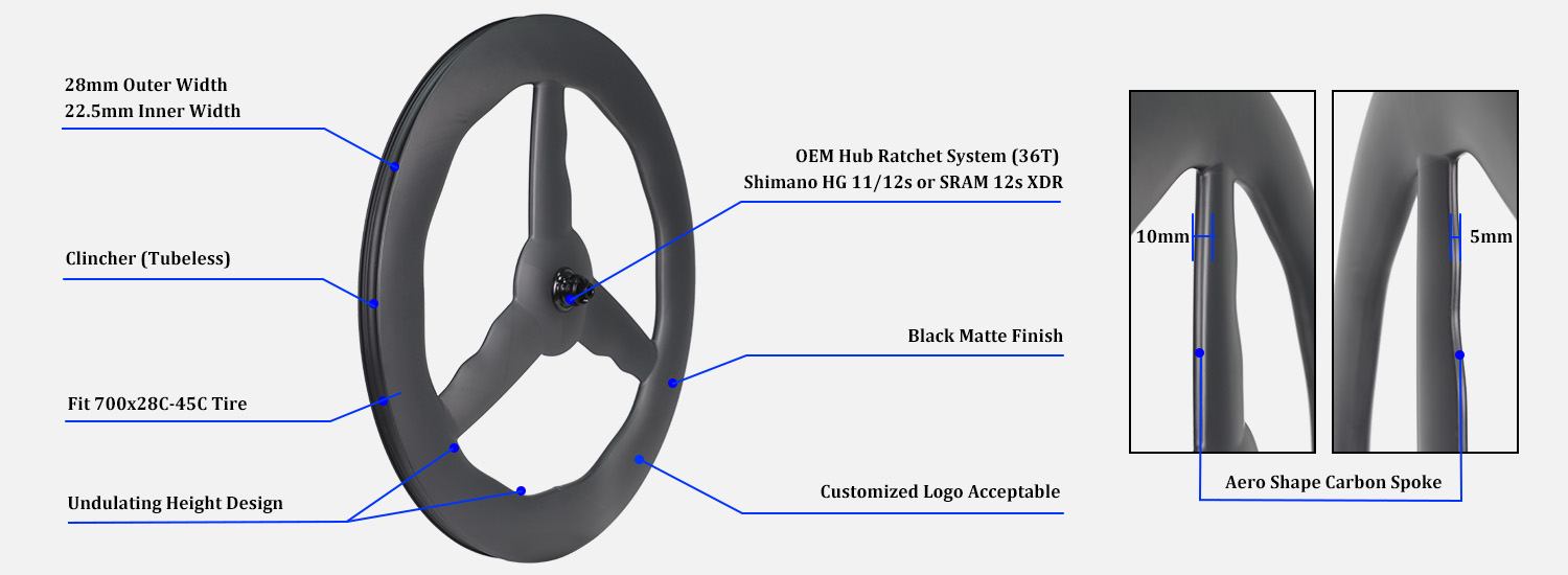 75-80mm wavy depth tri-spoke carbon wheel features 75-80mm wavy depth tri-spoke carbon wheel features