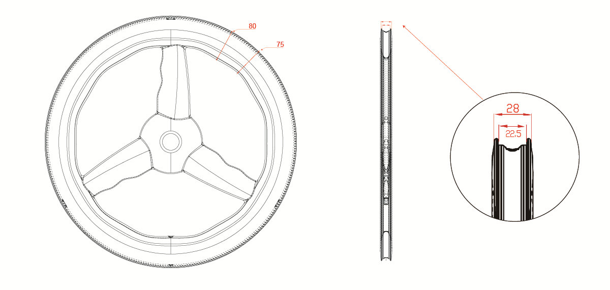 tri-spoke wheels 75-80mm wavy depth drawing tri-spoke wheels 75-80mm wavy depth drawing